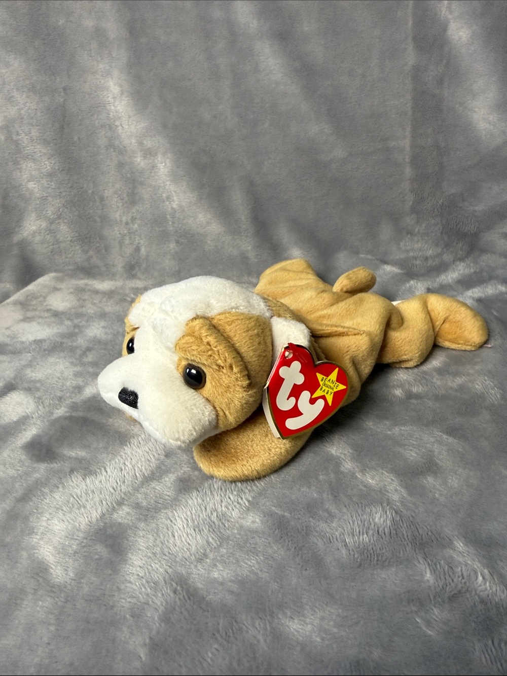 Ty Tan and White Plush Puppy with Heart Tag